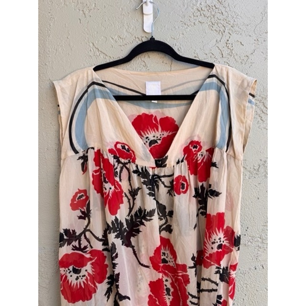 Anna Sui Cream Poppy Floral Sheer Sleeveless Shift Dress SMALL Designer Boho - Picture 3 of 9
